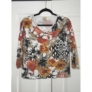 Jess & Jane Mesmerize Floral Ikat Top Womens Size PM Orange Cotton Rhinestone